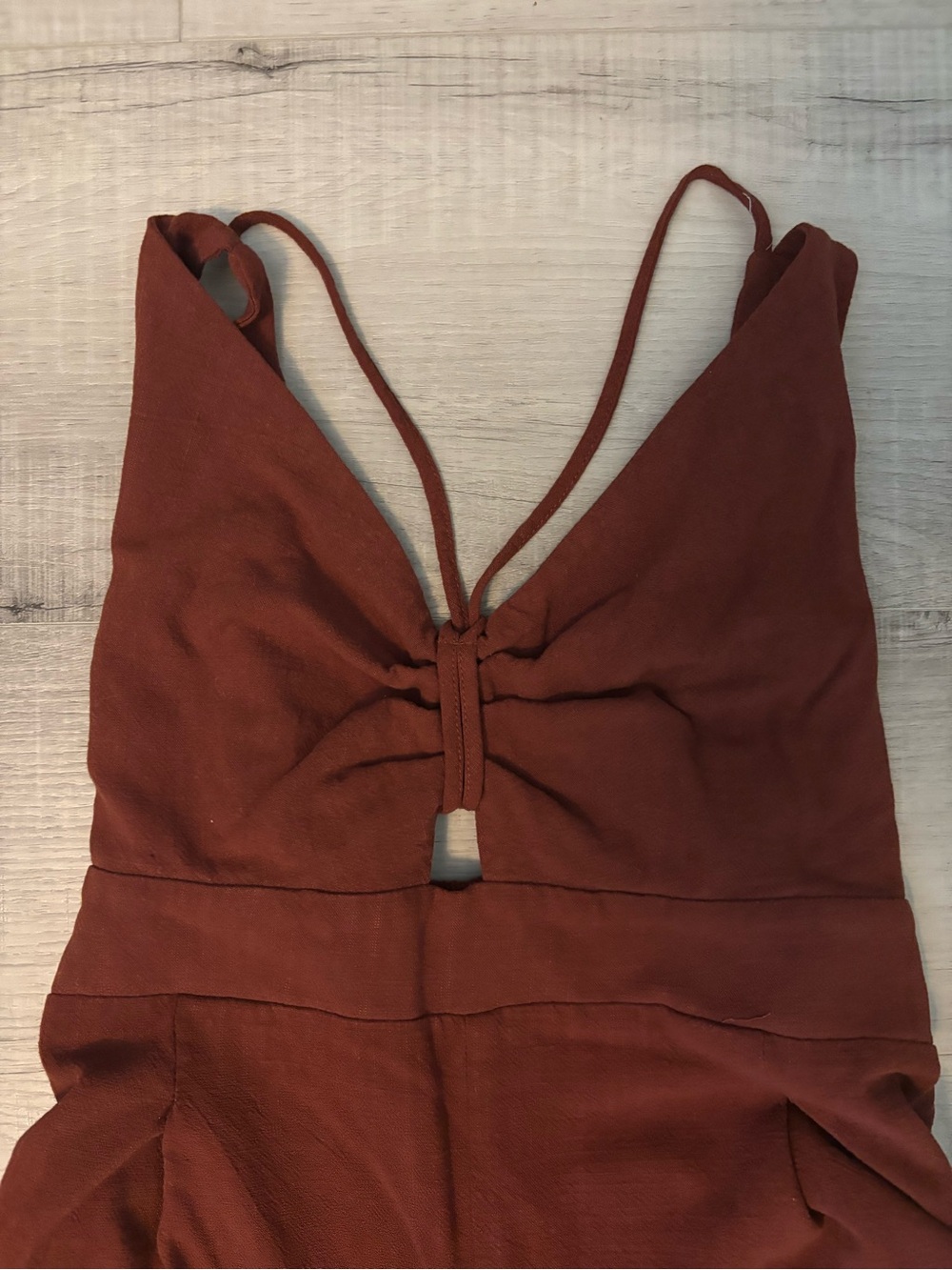 ANRABESS Rust Red Linen Blend Wide Leg Jumpsuit Deep V Smocked Back L - Picture 9 of 13